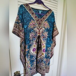 Aqua Blue Women's Paisley Print Short Kaftan Kimono Cover Up Dress One Size